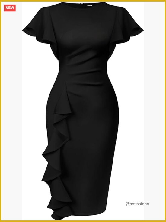 Dresses & Skirts - Vintage Church Ruffle Sleeve Ruched Bodycon Midi Pencil Dress